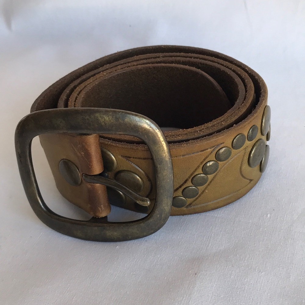 Brown belt with rustic brass buckle and studs, size M
